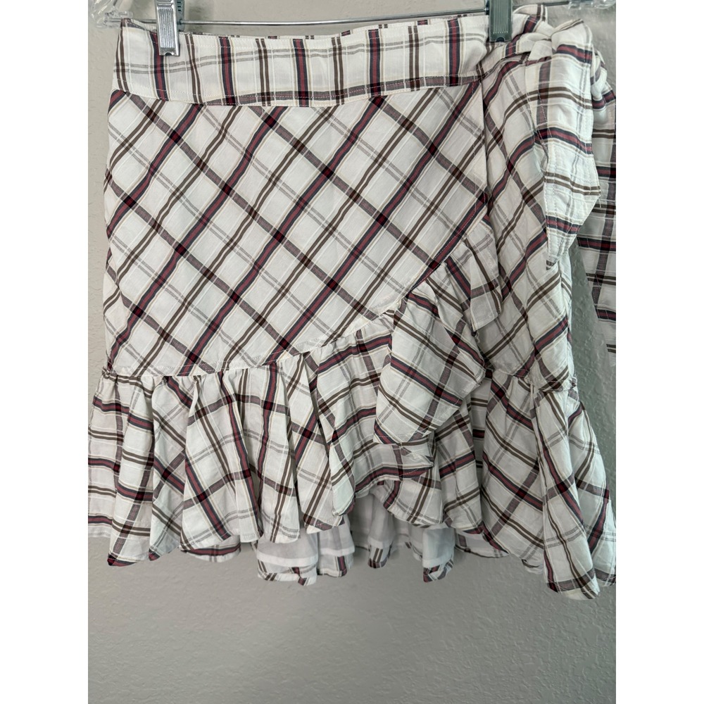 Veronica Beard Red Plaid Ruffle Faux Wrap Mini Skirt SZ 4 White Flirty Feminine - Picture 2 of 11